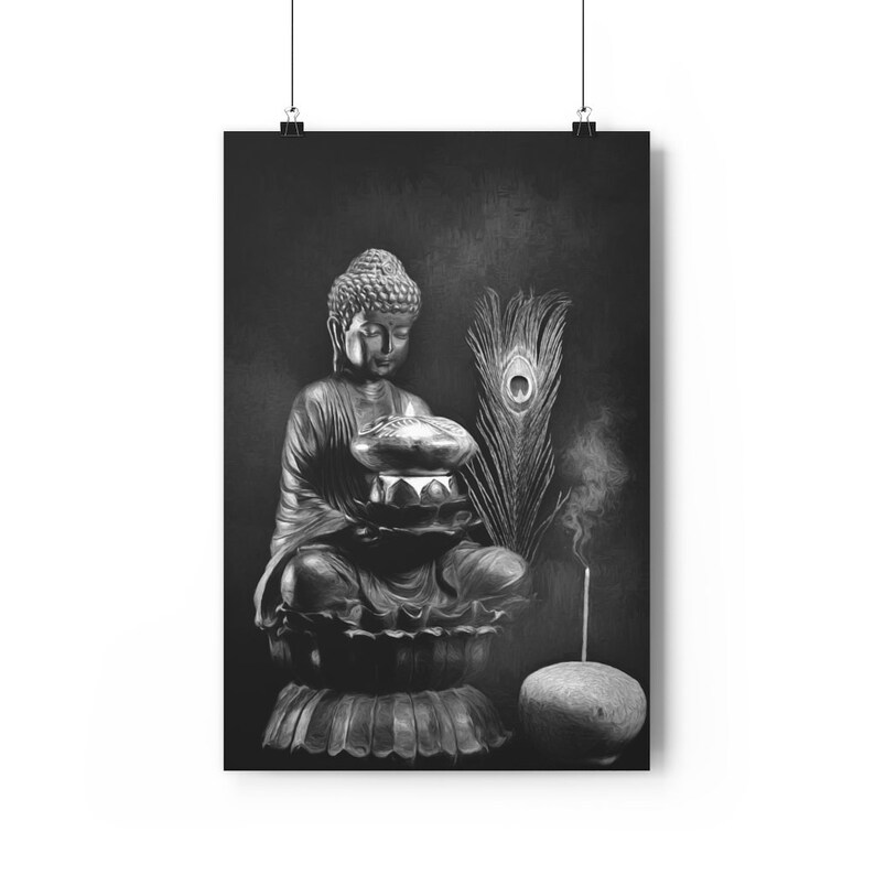 Yoga Wall Art Buddha Contemplates Flame Wall Art Zen Digital Download Meditation Art Black and White Buddha Wall Art Buddha Painting