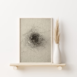 Feather Print Boho | Birds Nest with Feather #10 in Sepia | Digital | Farmhouse | Minimalist | Rustic | Bird Nest Art | Feather Art Print