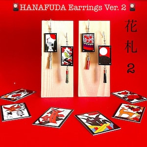 HANAFUDA Oorbellen Ver.2, Mini Hanafuda 3x2 cm met Mizuhiki Kwastje, bloemenkaarten, uniek, oorbellen voor persoonlijk gebruik, feesten, geschenken
