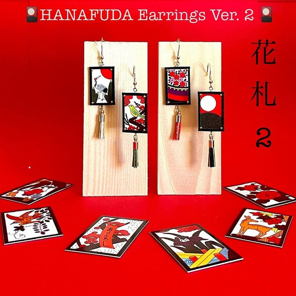 HANAFUDA Earrings Ver.2, Mini Hanafuda 3x2 cm with Mizuhiki Tassel, flower cards, unique, earrings for personal use, parties, gifts