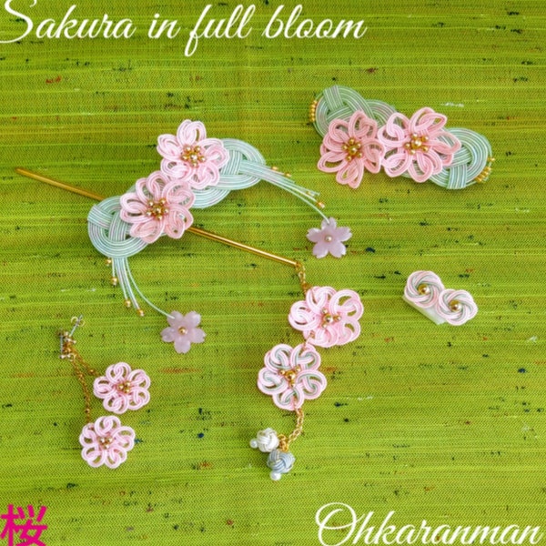 Mizuhiki accessories, Spring collection, SAKURA, Barrette, Japanese hair pin, Kanzashi, Hand Craft, Personal use, Gift, Birthday Present,