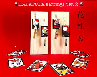 HANAFUDA Earrings Ver.2, Mini Hanafuda 3x2 cm with Mizuhiki Tassel, flower cards, unique, earrings for personal use, parties, gifts