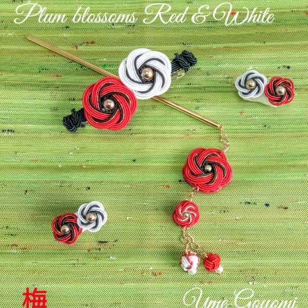 MIZUHIKI accessories, Spring collection, UME, Red & White, Barrette, Japanese hair pin, Kanzashi, hand Craft, Personal use, Birthday gifts