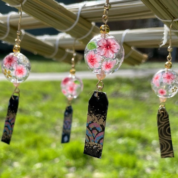 Wind chime earrings, Sakura, Japanese craft, cute, kawaii, chic, japanese handmade, for personaluse, parties, gifts,