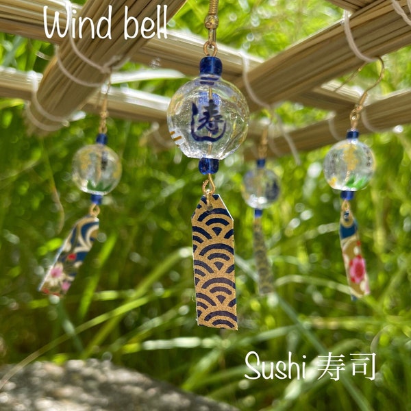 Wind chime earrings, Sushi, Menu & Osusume Sushi topping, unique, japanese craft, chic, hand made for personal use, parties, gifts