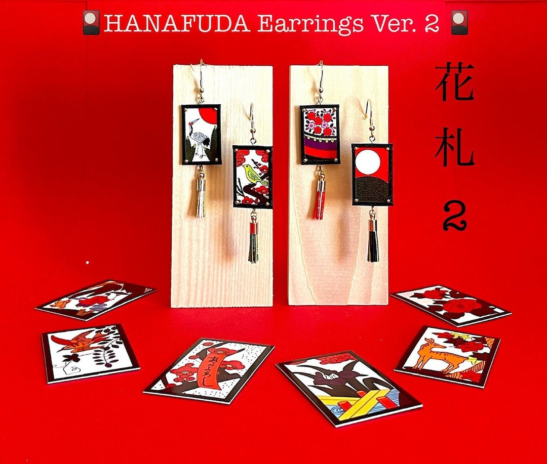 HANAFUDA Earrings Ver.2, Mini Hanafuda 3x2 Cm With Mizuhiki Tassel ...