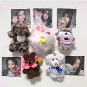 May include: A collection of plush keychains in various animal designs, including a brown and white spotted cat, a white bunny with pink ears, and a white tiger with a blue bow. Each keychain is attached to a small photo.