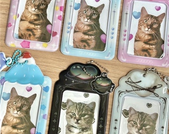 May include: Six colorful photo frames with a cat theme. Each frame has a different design and features a cute cat image. The frames are perfect for displaying photos or artwork.