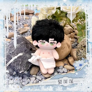 Peut inclure: Une poupée en peluche aux cheveux noirs, vêtue d'un tissu blanc, assise sur un tas de pierres. La poupée a une expression douce et regarde la caméra. Le texte "梨落落" est visible sur l'image.