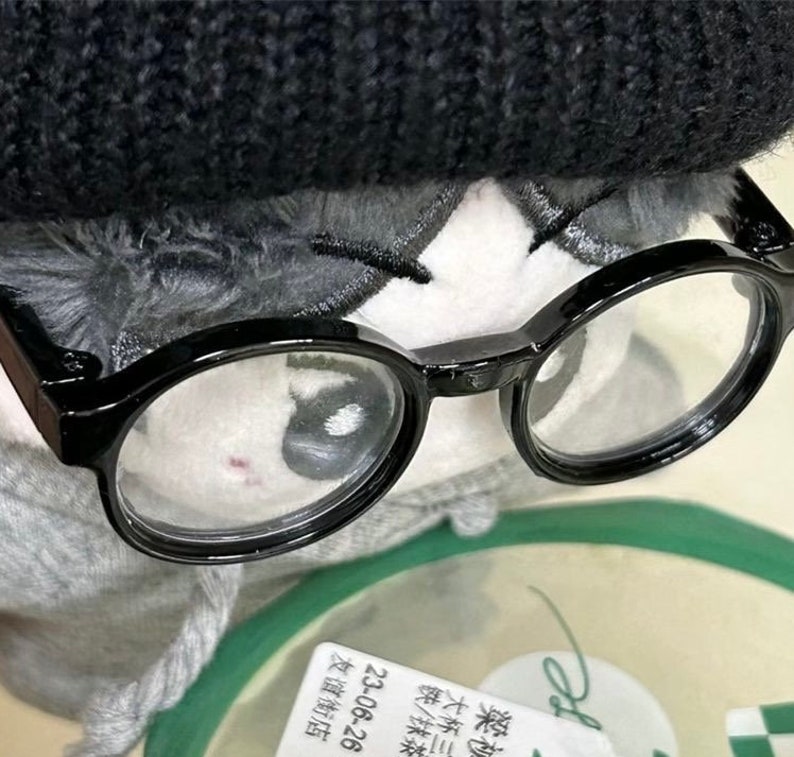 May include: A gray and white plush toy wearing a black beret and round black glasses. The toy has a stitched-on frown and a tag that reads "23-06-26  某某商店".
