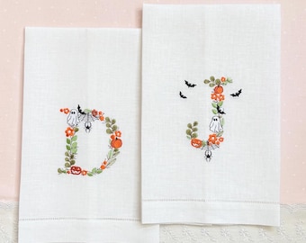 Monogrammed Embroidered Hemstiched Tea Towel, Halloween towel, fall decor