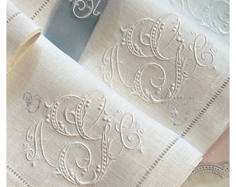 Embroidered Hemstiched Linen Dinner Napkins, monogrammed napkins, personalized gift