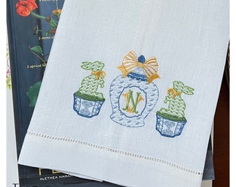 Monogrammed Easter Hemstitched Tea Towel, embroidered bunny tea towel, bunny topiary, chinoiserie easter