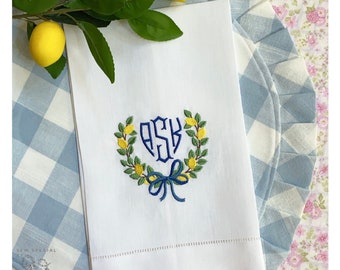 Embroidered Linen Hemstiched Tea Towel or napkins, lemon wreath with bow