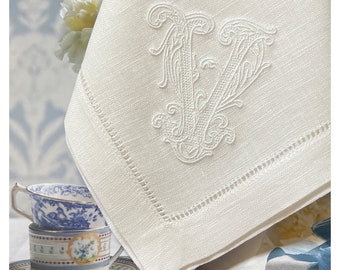 Embroidered Hemstiched Linen Dinner Napkins, monogrammed napkins, personalized gift