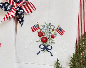 Embroidered  Hemstitched Tea Towel, July 4th decor, patriotic tea towel, red white and blue