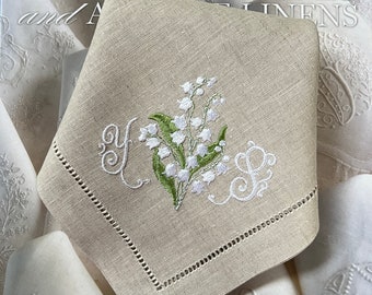 Embroidered Linen Hemstiched Napkins, Lily of the valley monogrammed napkins
