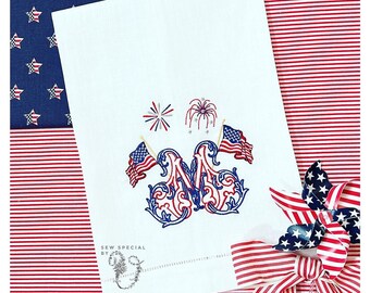 Embroidered  Hemstitched Tea Towel, July 4th decor, patriotic tea towel, red white and blue