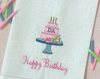 Embroidered Happy Birthday Hemstitched Tea Towel, birthday cake, monogrammed tea towel