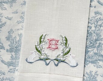 Embroidered Hemstiched Tea Towel, linen lily of the valley monogrammed tea towel, Easter bunny towel