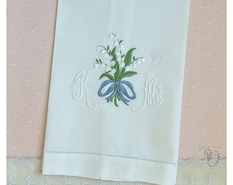 Embroidered Hemstiched Tea Towel, linen or cotton lily of the valley monogrammed tea towel
