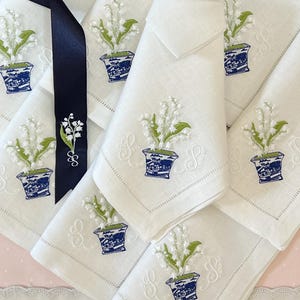 Dinner Napkins, Embroidered potted lily of the valley napkins
