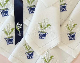 Dinner Napkins, Embroidered potted lily of the valley napkins