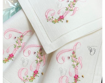 Embroidered Linen Hemstiched Napkins