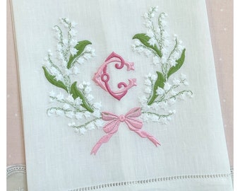 Large Embroidered Hemstiched Tea Towel, linen or cotton lily of the valley monogrammed tea towel