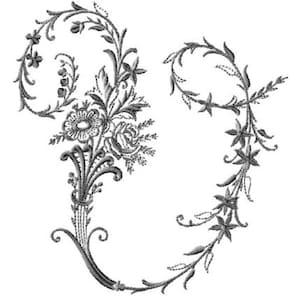 May include: Black and white floral embroidery design featuring a bouquet of flowers and leaves. The design includes a rose, other flowers, and foliage, with a curved, decorative stem. The second design is a floral wreath.