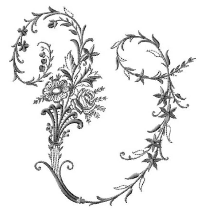 May include: Black and white floral embroidery design featuring a bouquet of flowers and leaves. The design includes a rose, other flowers, and foliage, with a curved, decorative stem. The second design is a floral wreath.