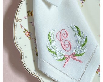 Embroidered Linen Hemstiched Napkins, Lily of the valley monogrammed napkins