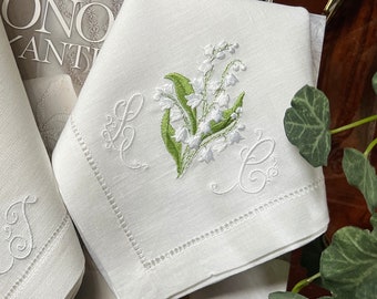 Embroidered Linen Hemstiched Napkins, Lily of the valley monogrammed napkins