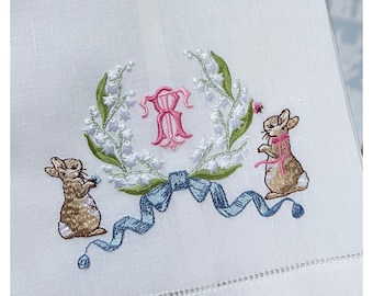 Embroidered Hemstiched Easter Tea Towel, easter basket monogrammed tea towel, Easter bunny towel