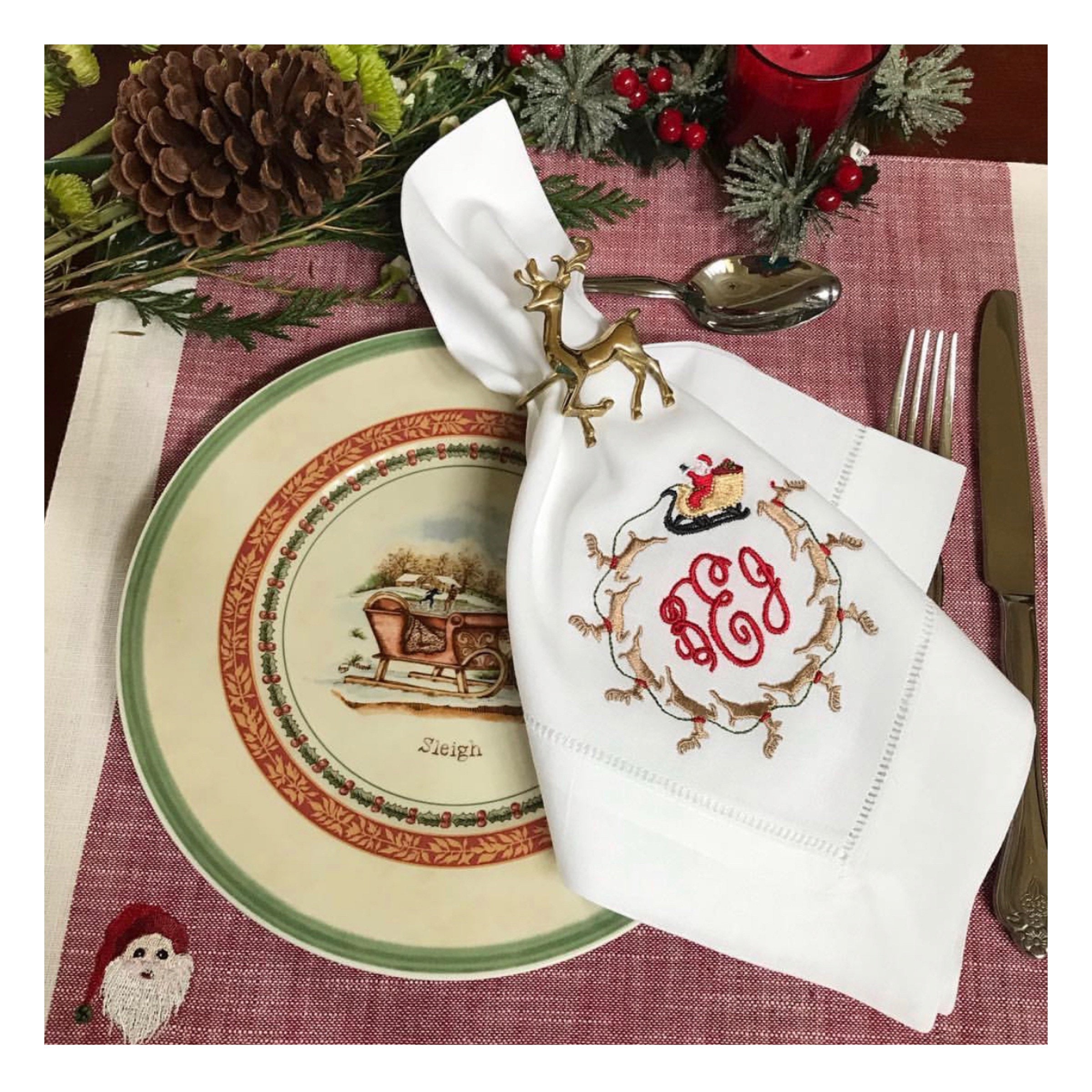 Christmas Embroidered Linen Hemstiched Napkins Santa sleigh Etsy