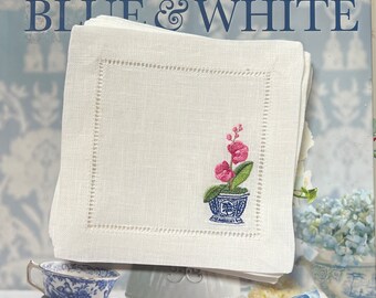 Embroidered cocktail napkins, Chinoiserie topiary