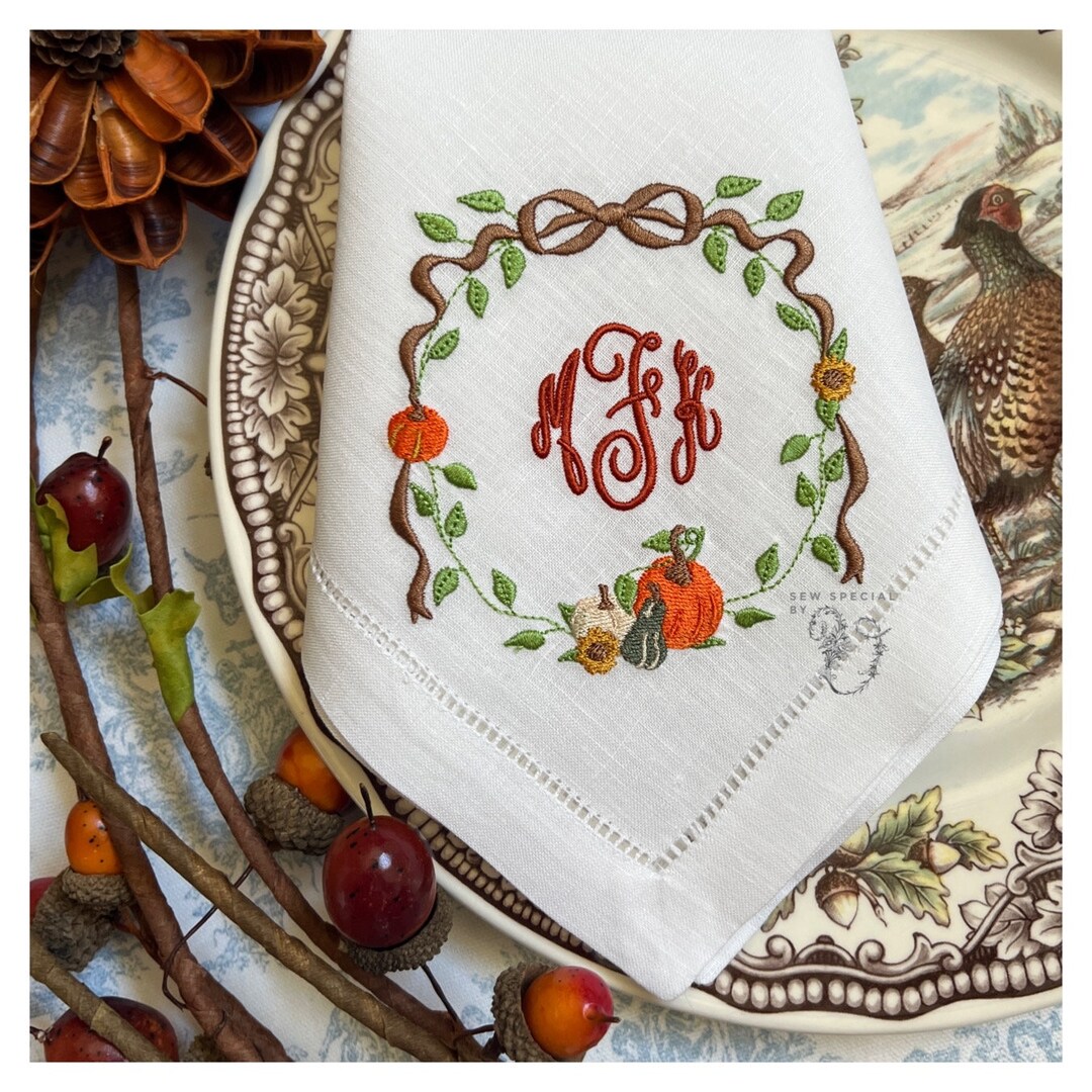 Embroidered Linen Hemstiched Napkins, Fall Napkins, Pumpkin Napkins ...