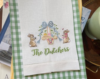 Embroidered Hemstiched Easter Tea Towel, easter basket monogrammed tea towel, Easter bunny towel