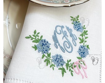 Embroidered Hemstitched Linen Napkins, hydrangea, wedding gift, bridal shower gift, monogrammed napkins