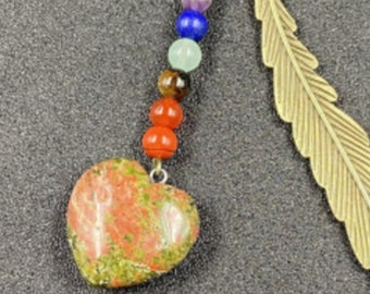 Seven Chakra Agate Heart-Shaped Stone Feather Bookmark