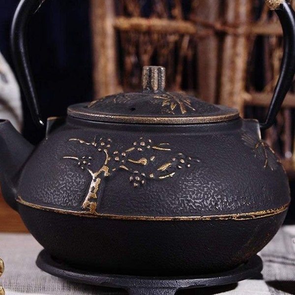 Japanese Cast Iron Teapot Peony Teapot Vintage with Infuser