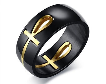 Separable Black Gold Stainless Steel Ankh Egyptian Cross Ring Unisex