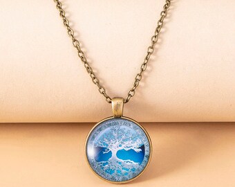 Hand Crafted Blue Tree of Life Glass Dome Cabochon Pendant Necklace