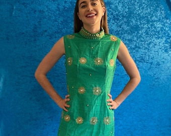 Vintage Gold Embroidered Green Dress.