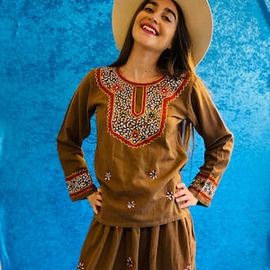 Vintage 1970S Bohemian Embroidered Matching two piece Skirt And Top.