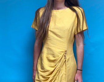 Vintage Silk Summer 80s Mustard Yellow Dress. Size 12