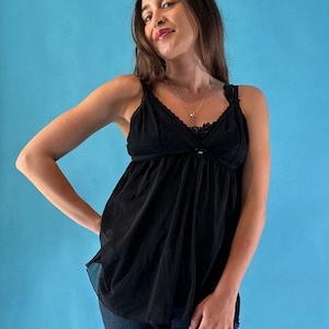 Vintage Y2K Black Mesh Babydoll Top with Adjustable Straps.