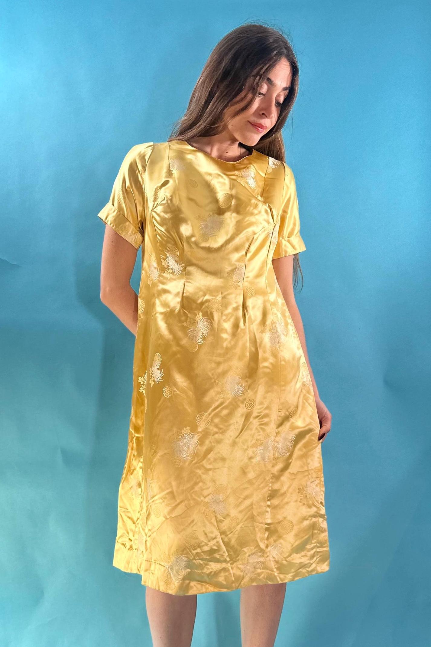 Vintage Yellow Chinese Cheongsam Style Dress – 100% Silk