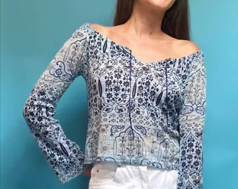 Blue Y2K Off Shoulder Tie Up Top.