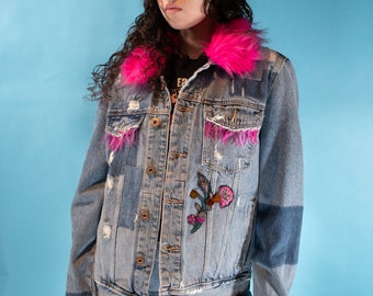 Vintage Reworked One of a Kind Denim Jacket with Pink Fur and Tassels.
